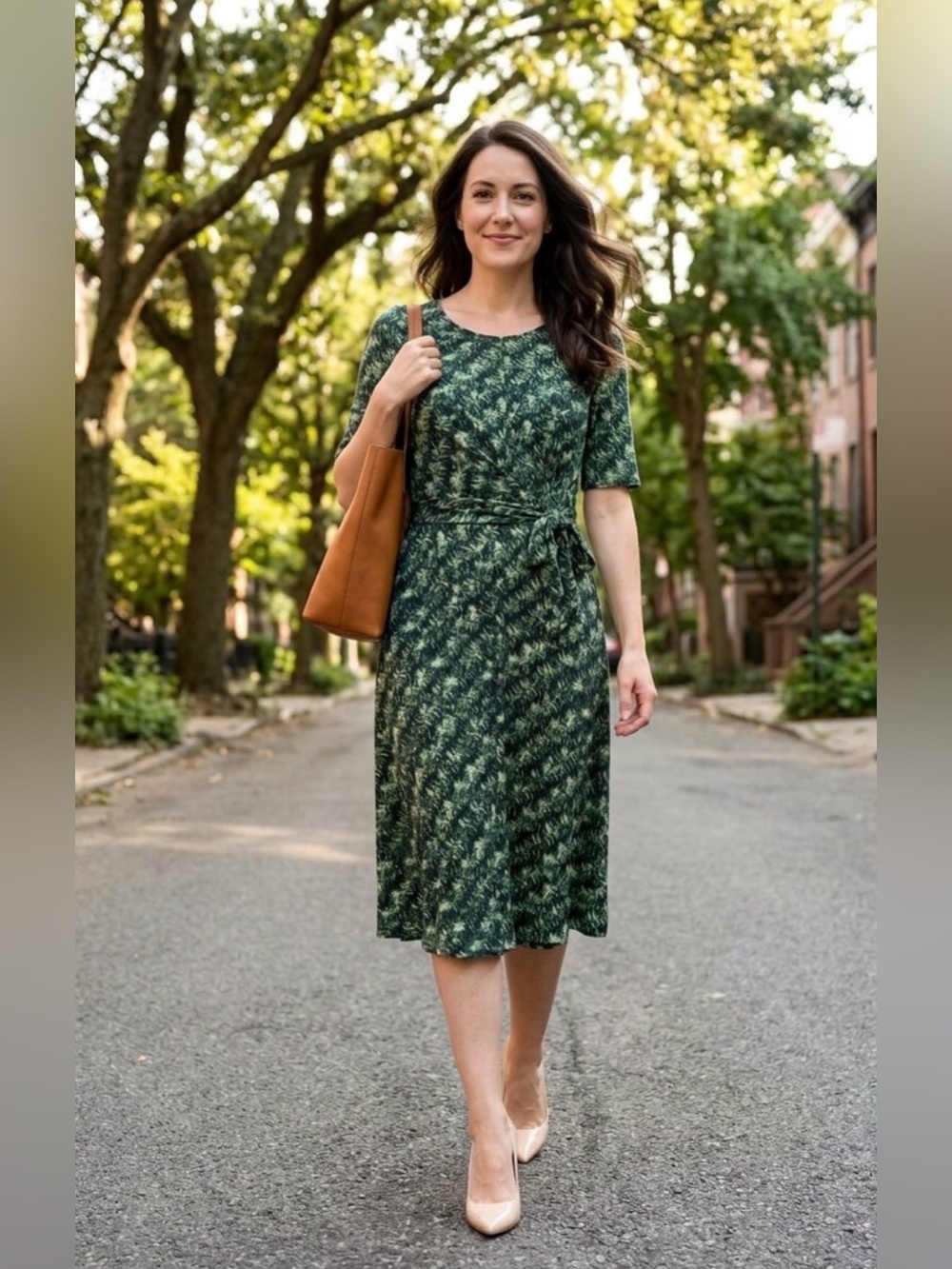 London Times Forest Green Printed Tie-Waist Midi Dress